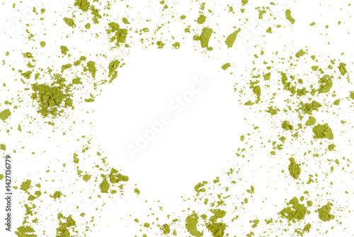 Matcha green powder pile, frame isolated on white background