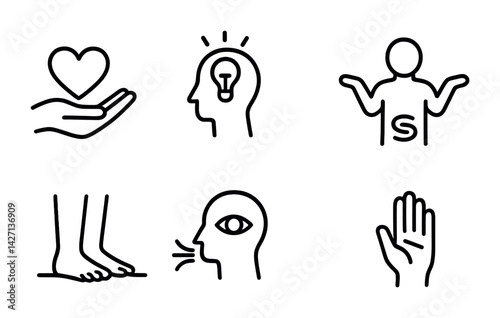 Mental health and wellbeing icon set – outline style mental wellness, emotional support, therapy symbols: heart in hand, lightbulb head, questioning person, feet on ground, speaking