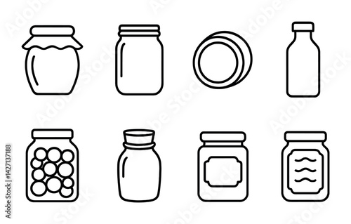 Canning and preserving outline icons set – minimalist style food preservation symbols for kitchen organization, storage solutions, sustainable living: mason jar, lid, jam, sauce bottle, canned fruit,