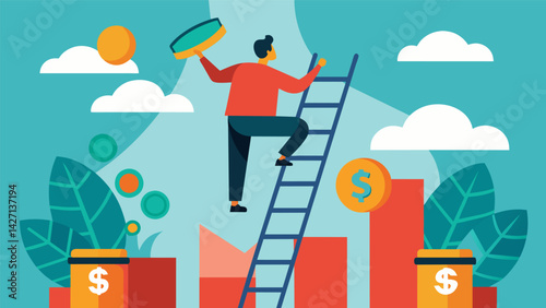 A person climbing a ladder with relevant stages like building an emergency fund and choosing a repayment plan to reach the top of debtfree living.. Vector illustration