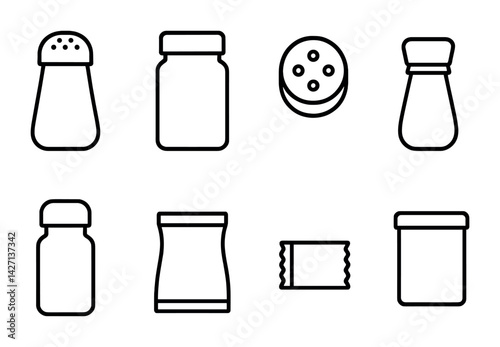 Kitchen containers icon set – outline style culinary storage symbols for organizing and preserving: salt shaker, spice jar, cookie tin, pepper mill, sauce bottle, seasoning packet, jam jar