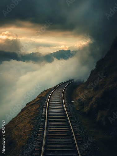 train tracks winding into the clouds, destination unknown
