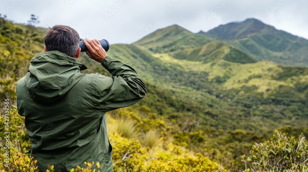 Man using binoculars to observe lush green mountains during a cloudy day in a national park Man using binoculars to observe lush green mountains during a cloudy day in a national park
