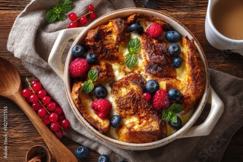 Sweet French toast casserole brimming with fresh berries, a delightful breakfast or brunch treat.