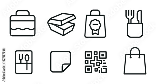 Shopping and retail icon set – outline style commerce and consumer goods symbols for e-commerce and market analysis: shopping bag, gold bars, lunchbox, qr code, cutlery, napkin, premium bag
