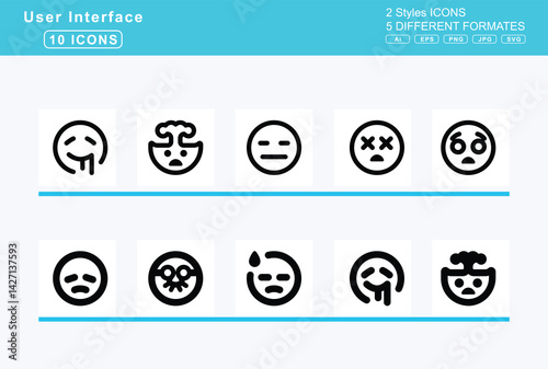 Set of 5 solid user interface icons,face, beam, hand, over, mouth, confounded, confused, cowboy, hat, disappointed
