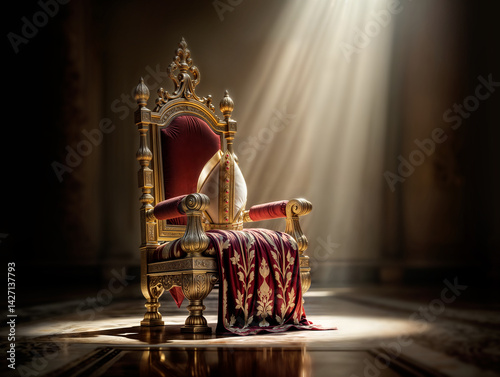 A golden papal mitre resting on an ornate throne. Symbolic concept