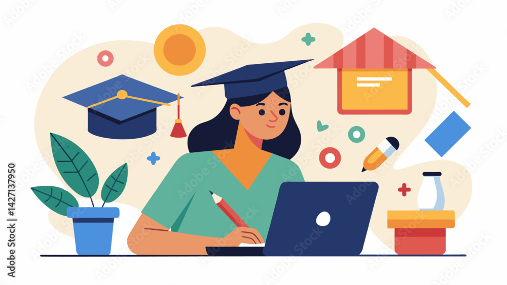 A creative student designs and sells personalized graduation caps using her entrepreneurial skills to pay for her college graduation ceremony.. Vector illustration A creative student designs and sells personalized graduation caps using her entrepreneurial skills to pay for her college graduation ceremony.. Vector illustration