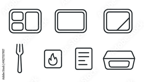 Food and meal prep outline icons set – linear style culinary and kitchen symbols for cooking, dining, and recipe organization: tray, container, fork, fire, menu, bowl, oven