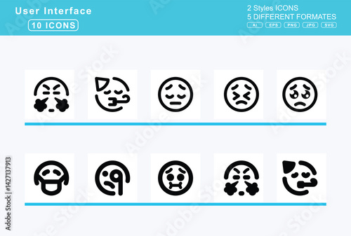 Set of 5 solid user interface icons,face, head, bandage, hushed, icicles, lying, mask
