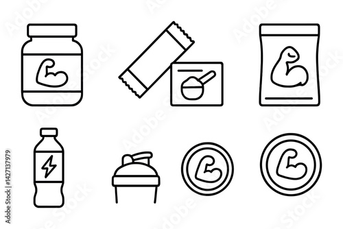 Fitness and nutrition outline icons set – health and workout symbols for gym enthusiasts and active lifestyle: protein jar, energy bar, supplement, shaker, energy drink, muscle