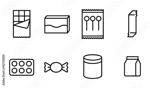 Snack and confectionery linear icon set – outline style sweet treat and candy symbols: chocolate bar, candy wrapper, cookie pack, lollipop, gumball, jar, box, bag