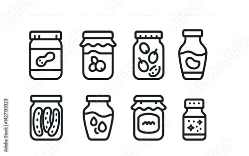 Jam and preserve icon set – outline style food storage and preserving symbols: peanut butter jar, honey jar, pickles, fruit jam, sauce bottle, spice jar, preserves