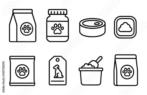Pet food linear icons set – line style animal nutrition and feeding symbols for healthy pets: dog bag, cat can, pet jar, snack box, kibble packet, treat tag, food bowl