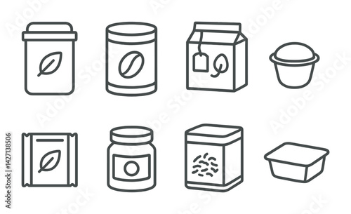Beverage container icon set – outline style drink packaging and container symbols for tea, coffee, and beverage design: coffee can, tea box, coffee jar, tea bag, milk carton, sugar packet, yogurt cup
