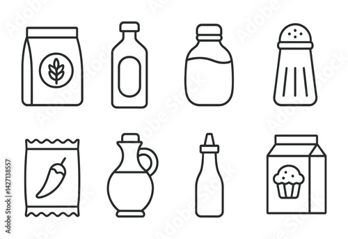 Grocery and pantry outline icons set – linear style food and cooking symbols for kitchen organization, ingredients management, meal prep: flour, oil, milk, salt, spices, vinegar, sauce, muffin mix