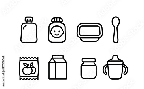 Baby food line icons set – outline style early childhood nutrition and feeding symbols for toddler meals, snacks, and drinks: bottle, jar, container, spoon, pack, carton, sippy cup