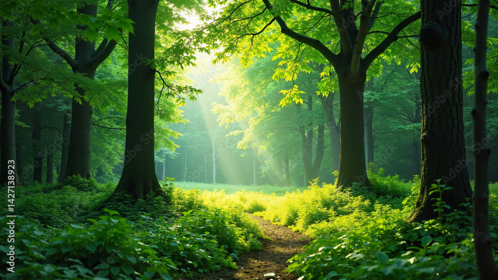 Fototapeta premium Lush green forest with sunlight filtering through the trees.