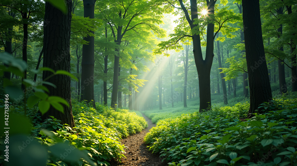 Fototapeta premium Lush green forest with sunlight filtering through the trees.