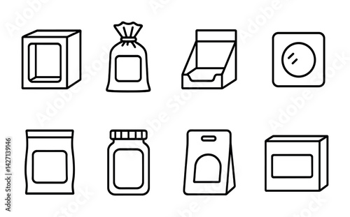 Packaging outline icon set – linear style container and box symbols for product designs, shipping, and storage: takeout box, jar, pouch, bag, display box, cylinder