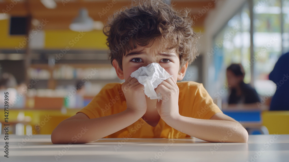Cold Season Health Awareness with Multiracial Child Using Tissue in Classroom Setting