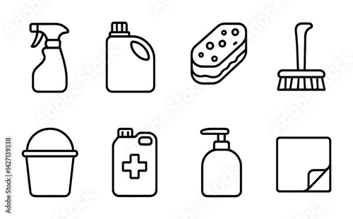 Cleaning tools icon set – outline style for housekeeping and sanitation visuals featuring spray bottle, detergent, sponge, brush, bucket, disinfectant, soap, cloth