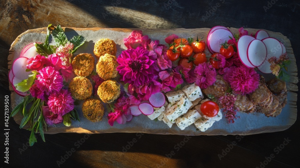 Brunch board with vegetarian protein appetizers and vibrant accents