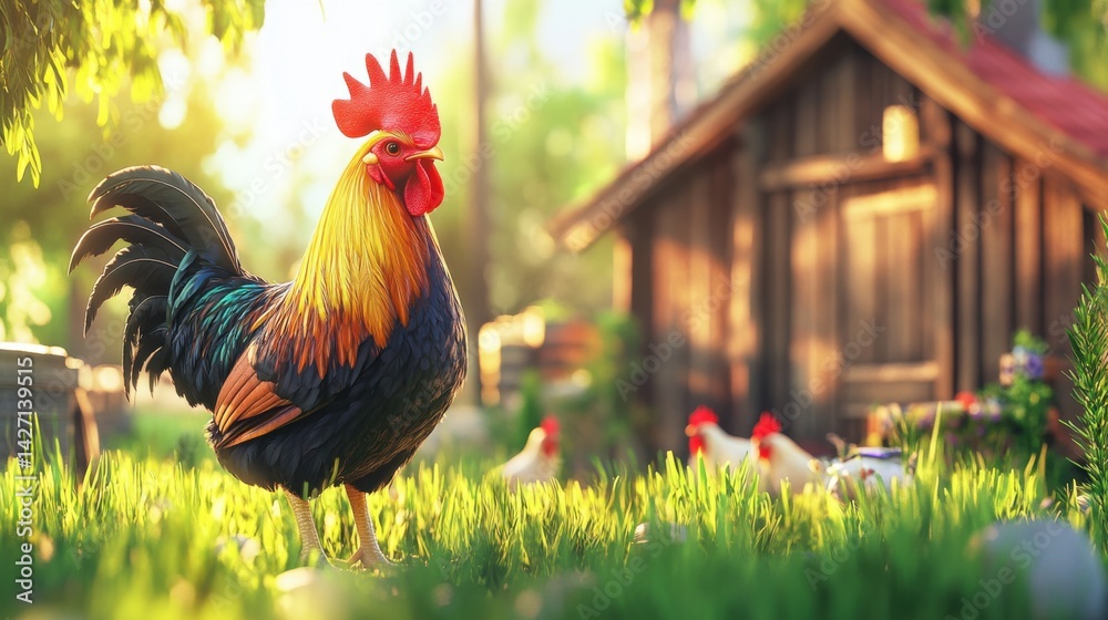 Eco farm with rooster standing among free-range hens resting near a wooden chicken coop