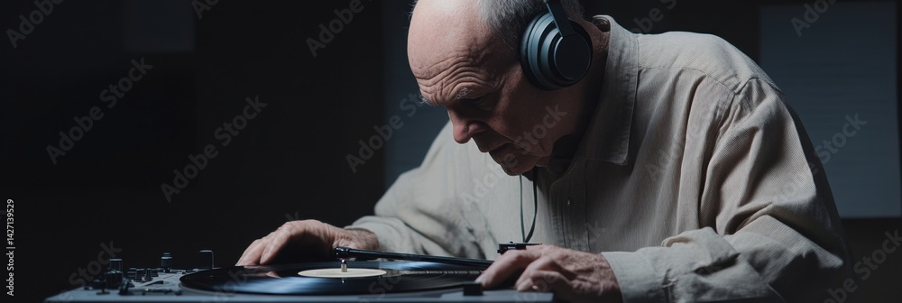 Elderly senior man in headphones with vinyl record player listening to music at home