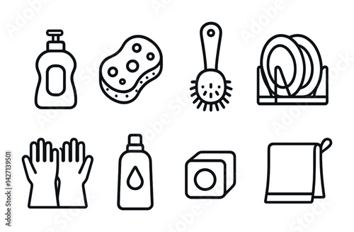 Kitchen cleaning tools icon set – outline style hygienic and household symbols for sanitation and cleaning tasks: soap dispenser, sponge, brush, dish rack, gloves, detergent, towel, scrubber