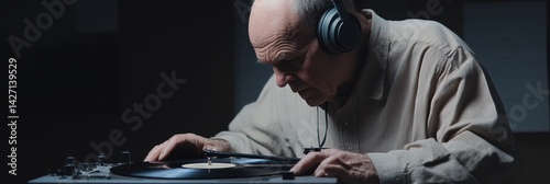 Obraz na płótnie Elderly senior man in headphones with vinyl record player listening to music at home w salonie