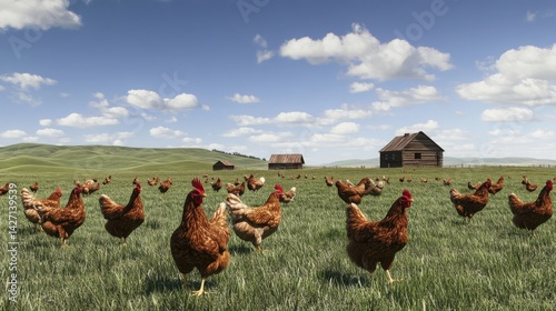 Eco farm with free-range hens resting near a wooden chicken coop