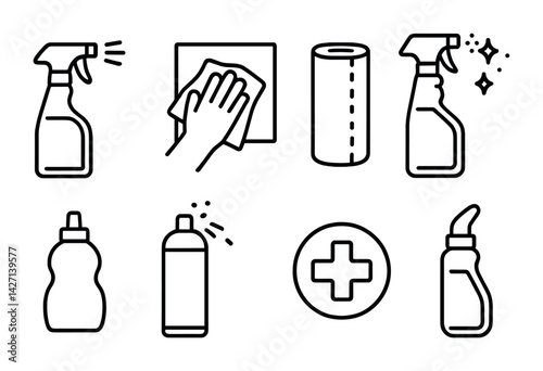 Cleaning product icon set – outline style household and sanitation symbols for hygiene management and maintenance: spray bottle, cloth, paper towel, detergent, disinfectant, brush, sanitizer,