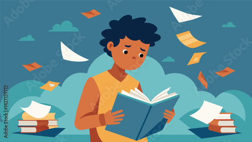 A student looking through a textbook with a pile of cled and torn tuition receipts in the background representing the struggle of affording education.. Vector illustration