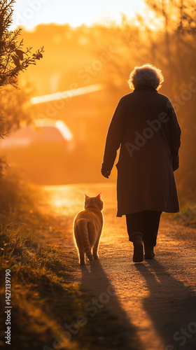 An elderly woman and her cat walk peacefully side by side down a quiet village path as the sun sets.