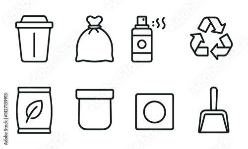 Waste management icon set – outline style recycling and eco-friendly symbols for sustainability: trash bin, garbage bag, spray bottle, recycle symbol, compost bag, jar, detergent pod, dustpan