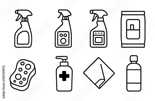 Cleaning supplies icon set – outline style cleaning tool and hygiene symbols for sanitation and maintenance: spray bottle, disinfectant, cleaning cloth, sponge, detergent, soap