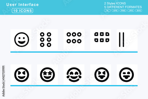 Set of 5 solid user interface icons,grin, beam, sweat, hearts, squint