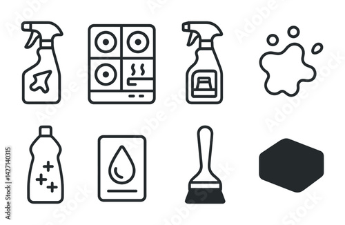 Cleaning tools icon set – outline style housekeeping and sanitizing symbols: spray bottle, stove, stain, soap, brush, sponge, detergent, mop