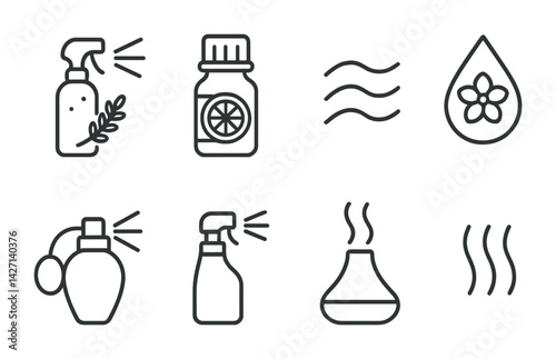 Essential oils and fragrance outline icons set – linear style aromatherapy and wellness symbols for spa, relaxation, and home scenting: spray bottle, oil bottle, diffuser, perfume, waves, aroma