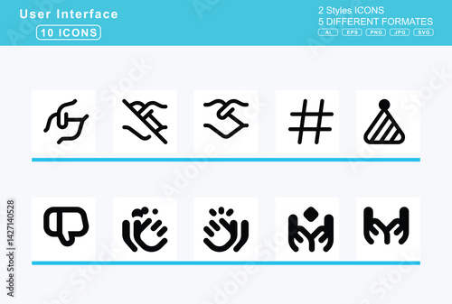 Set of 5 solid user interface icons,hands, bubbles, hand, scissors, clapping, handshake, angle