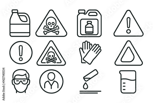 Chemical hazard outline icon set – essential safety and warning symbols for laboratory and workplace: poison, exclamation, gloves, goggles, beaker, liquid drop, triangle, container