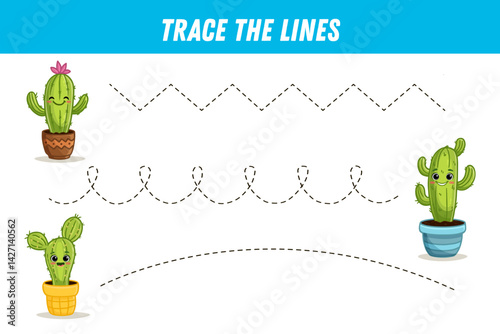 Tracing lines for kids. Funny cactus in flat style. Cute cartoon cacti. Handwriting practice. Educational game for preschool kids. Activity page. Vector illustration
