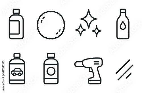 Car care and maintenance icon set – outline style vehicle detailing and cleaning symbols for automotive upkeep, polishing, and washing: sponge, buffing pad, spray bottle, polish, drill