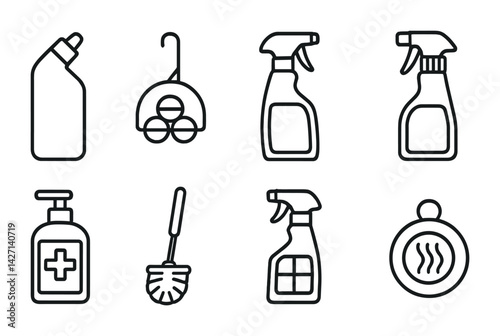 Cleaning tools and supplies icon set – outline style household and sanitation symbols for home maintenance, hygiene, and tidying: spray bottle, scrub brush, detergent, soap dispenser, toilet brush,