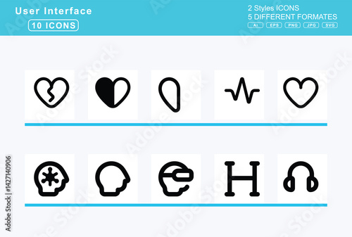 Set of 5 solid user interface icons,head, side, cough, slash, headphones, heart, mask