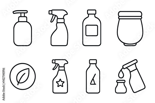 Cleaning products outline icon set – minimalistic home and hygiene symbols for sanitation and maintenance: soap dispenser, spray bottle, disinfectant, eco-friendly, container, droplet