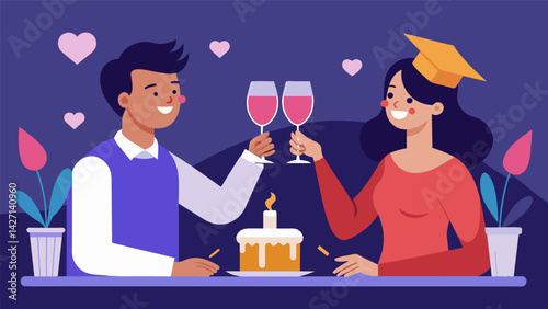 A couple celebrates their anniversary with a romantic dinner toasting to their love and their ability to overcome the financial burden of their joint. Vector illustration
