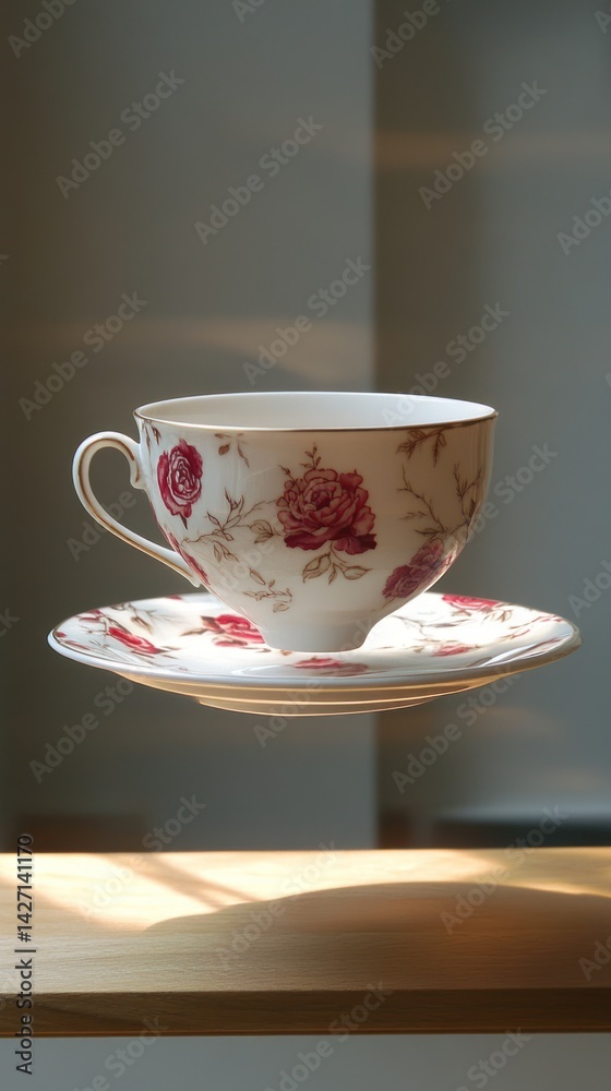 Fototapeta premium Floral Tea Cup And Saucer Floating In Soft Natural Light