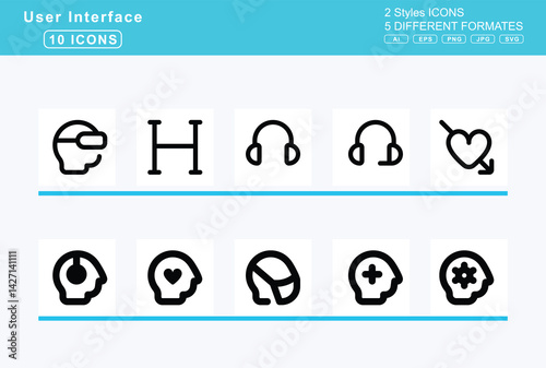 Set of 5 solid user interface icons,heading, headphones, headset, head, side, brain